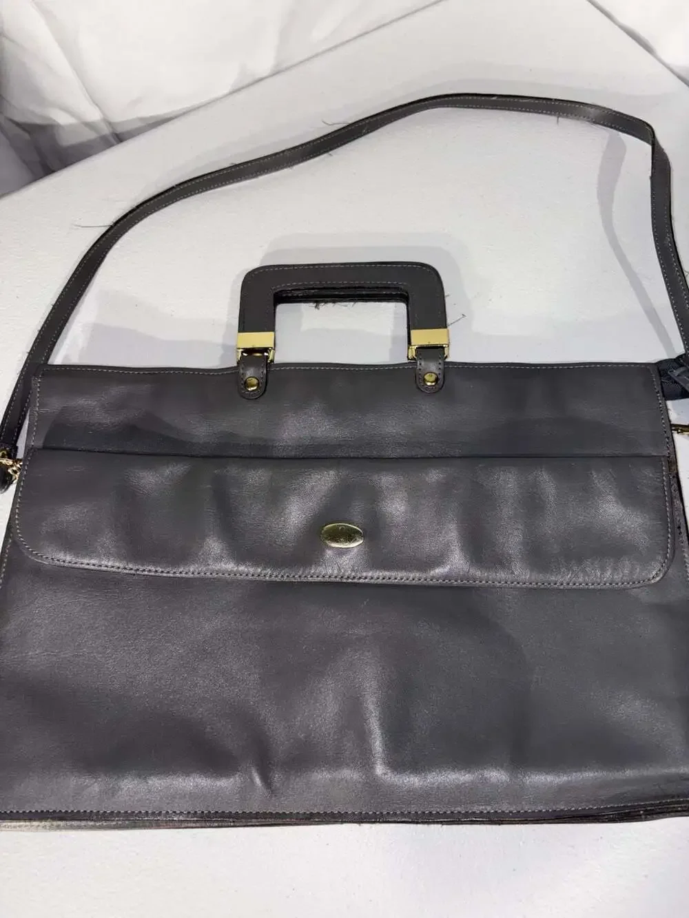 Etienne Aigner Vintage Gray Leather Briefcase with Shoulder Strap